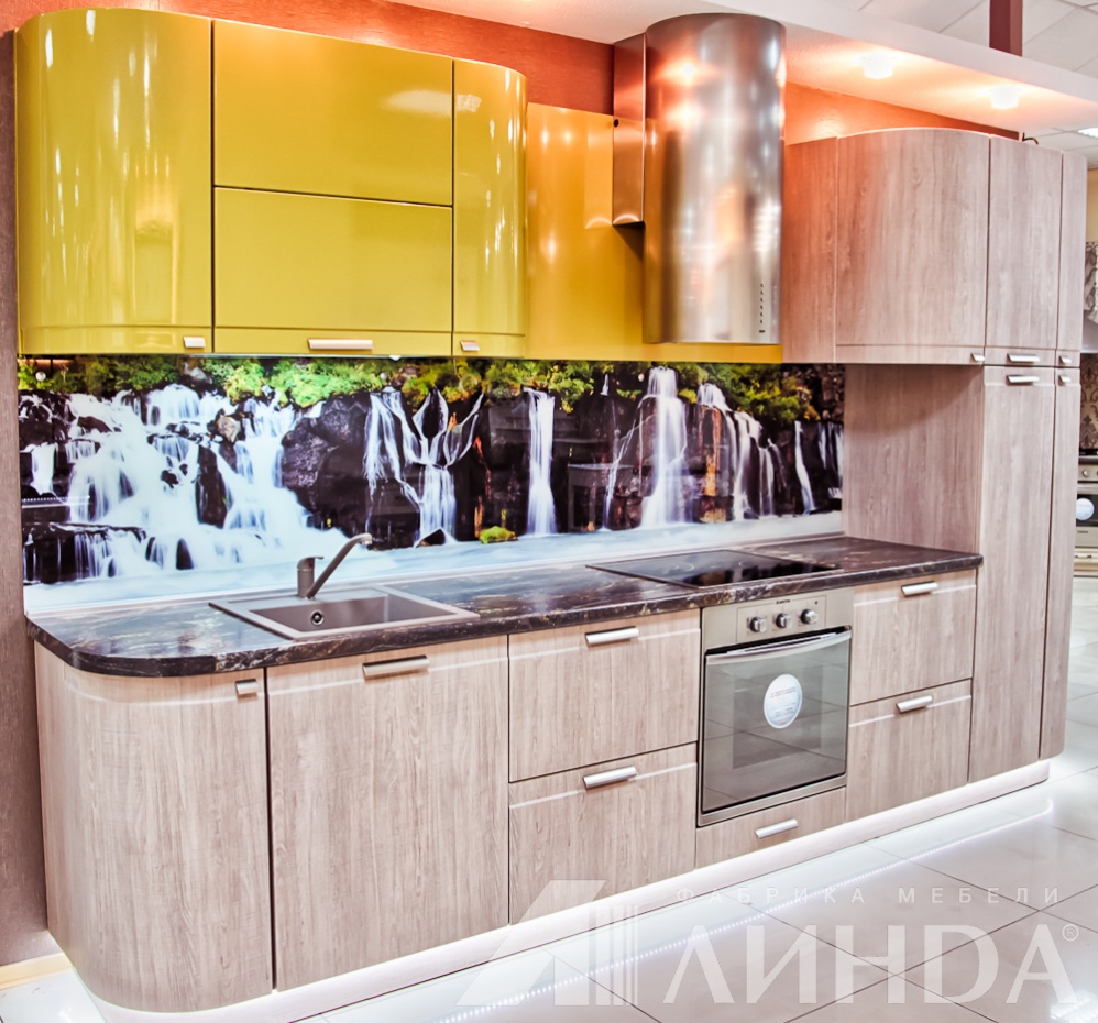 Прямая кухня модерн МДФ ПВХ олива глянец дуб сантана гнутые радиусные фасады
