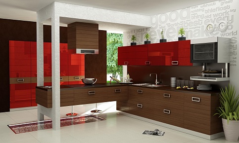
                                                    современная кухня модерн из мдф и красного стекла угловая хай-тек купить в челябинске                                                