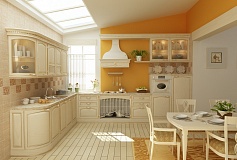 угловая белая кухня с золотой патиной классика массив ясеня